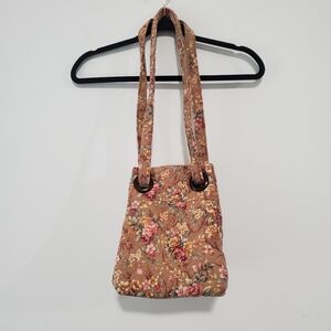 Quilted Floral Tan Women's Organizer Shoulder Bag Purse Grannycore Cottagecore